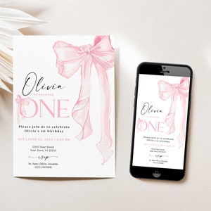 Pink bow 1st birthday invitation, Coquette first birthday party invitations, Paper invitations with envelopes, Printable, Phone invite