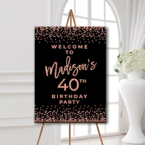 Birthday welcome sign black rose gold Birthday welcome sign printable 24x36 40th birthday party decorations for women