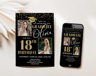 Graduation and birthday invitation with photos 18th birthday and graduation invitations Birthday party and graduation party Grad invite