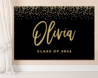 Graduation banner 2023 Graduation party decorations black and gold Class of 2023 Graduation vinyl backdrop for girl Personalized with name