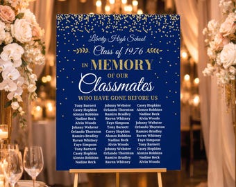 50th Reunion Memorial Sign, Navy Blue and Gold, In Memory of Classmates (Poster Board or Digital Download)