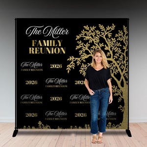 Family Reunion Backdrop Banner, Black and Gold Decoration, Tree of Life (Vinyl or PDF)