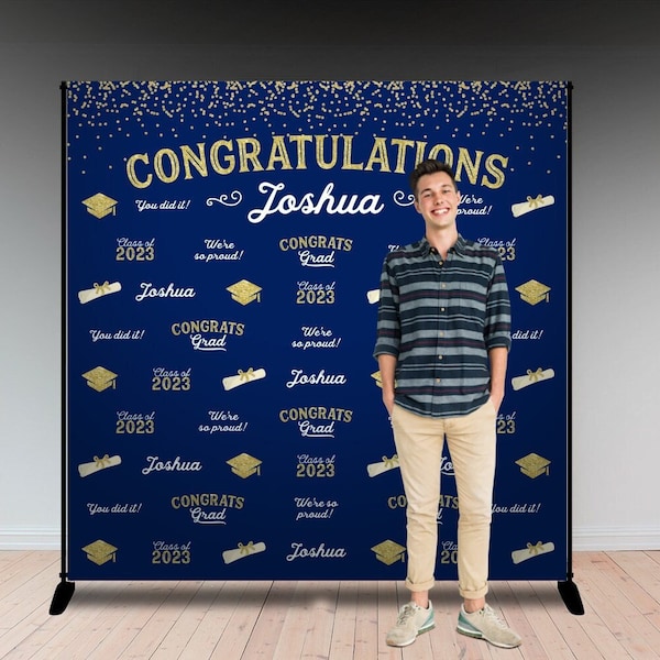 Graduation party step and repeat personalized Graduation backdrop banner for photos Graduation decorations navy blue and gold
