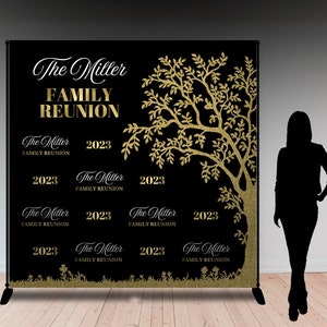 Family reunion backdrop banner Step and repeat Vinyl banner or printable file Reunion decorations black gold Family tree of life