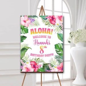 Cartello di benvenuto per festa di compleanno luau hawaiano Poster di benvenuto per festa di compleanno tropicale Cartello di benvenuto per festa Aloha rosa e giallo