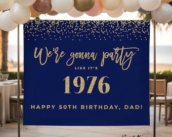 50th Birthday Banner, Navy Blue and Gold, 1976 Party Theme (Digital or Printed Vinyl)