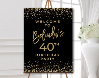 Birthday welcome sign black gold Birthday welcome sign printable 24x36 40th birthday party decorations for women