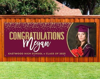 Graduation banner 2023 decorations maroon/burgundy and gold Backdrop with picture Back drop with photo Congratulations sign personalized