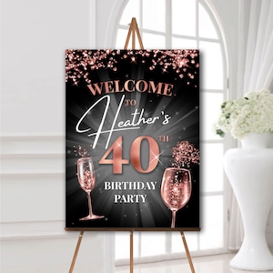 40th birthday party welcome sign rose gold and black Any age 45th 50th birthday welcome board Rose gold birthday party decorations for women