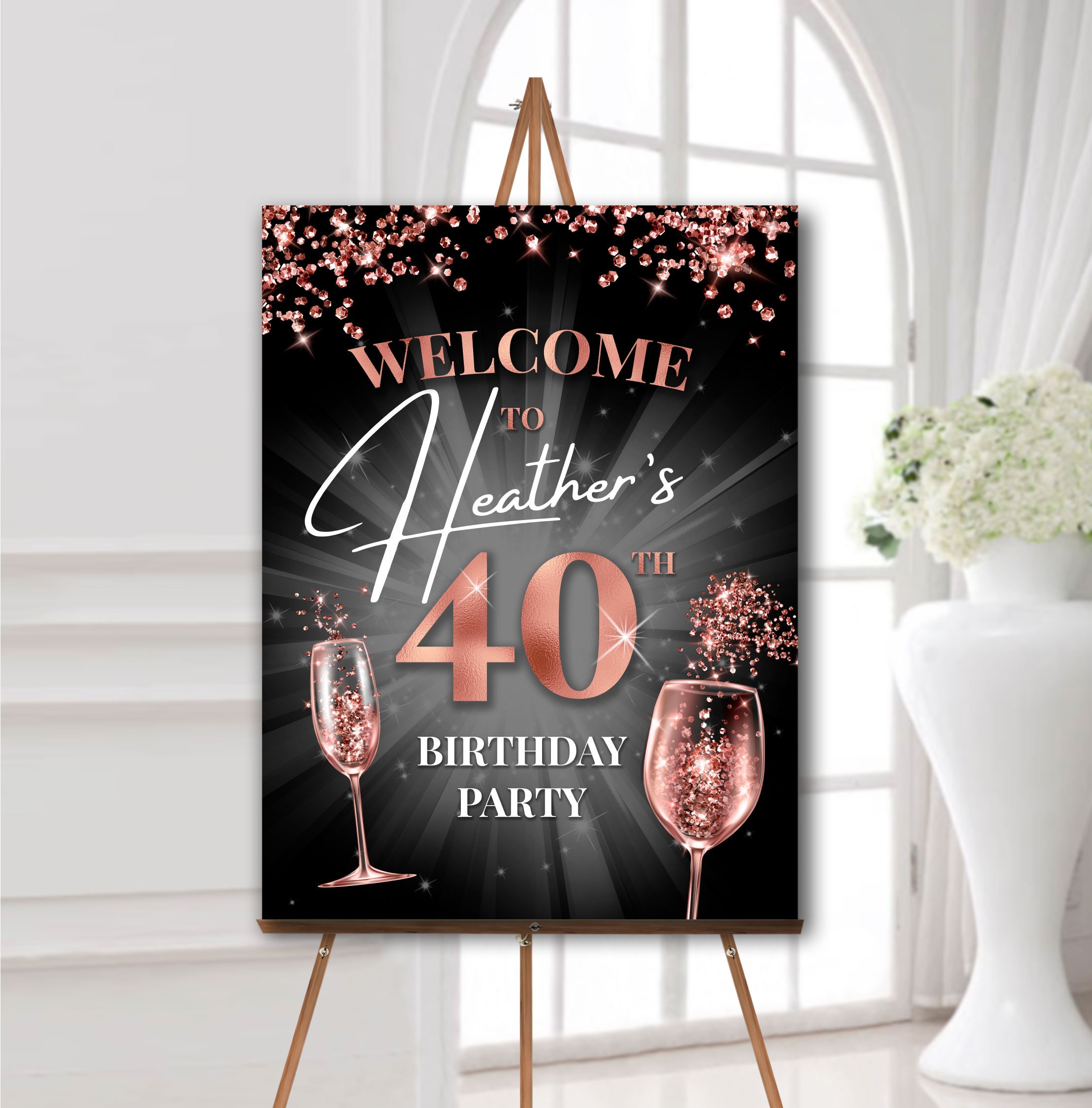 40th Birthday Party Welcome Sign Rose Gold and Black Any Age 45th