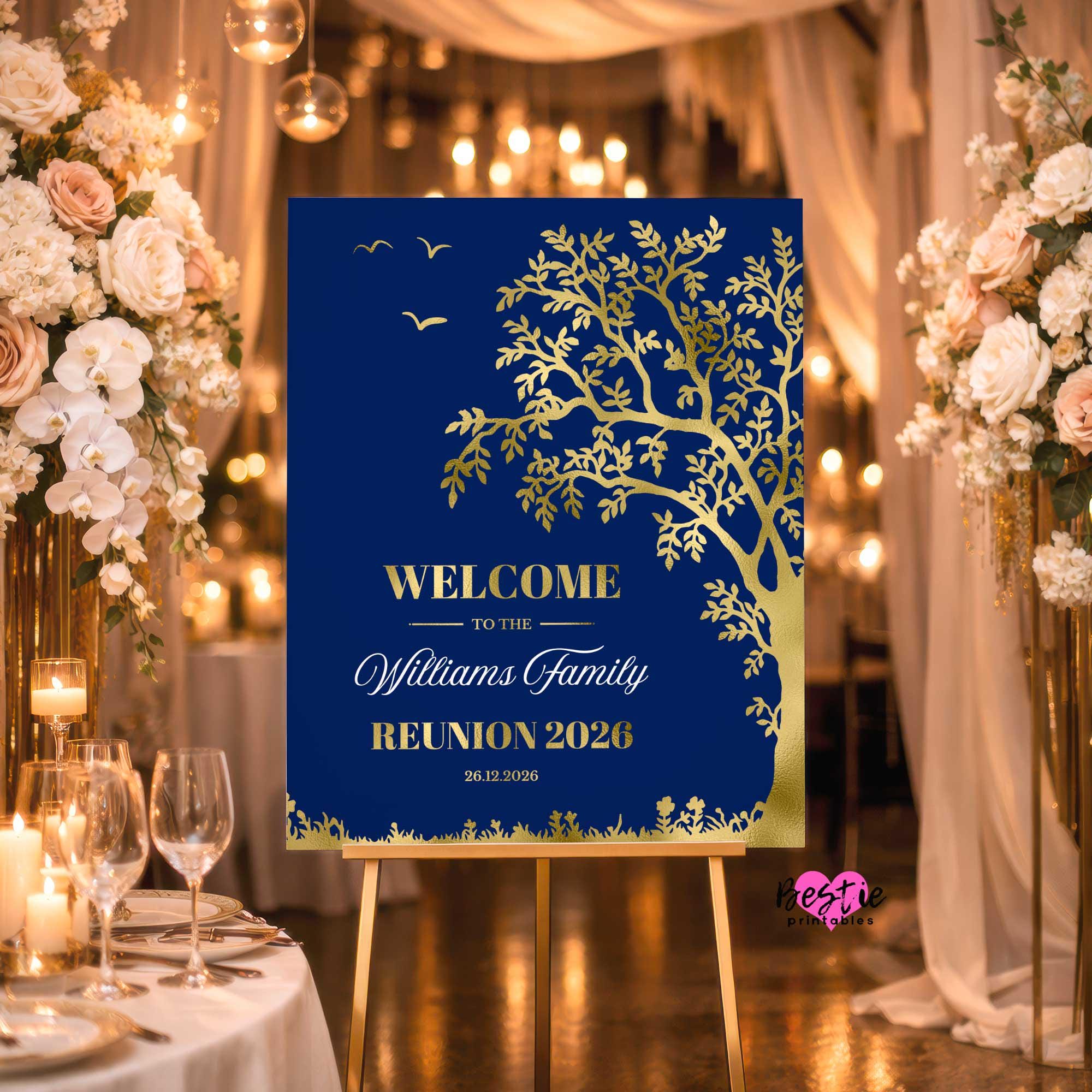 Family Reunion Welcome Sign, Navy Blue and Gold, Family Gathering ...