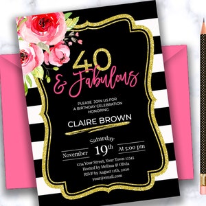 40th birthday invitation pink gold black 40th birthday invites for women Forty and fabulous invitation printable