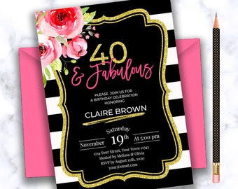 40th birthday invitation pink gold black 40th birthday invites for women Forty and fabulous invitation printable
