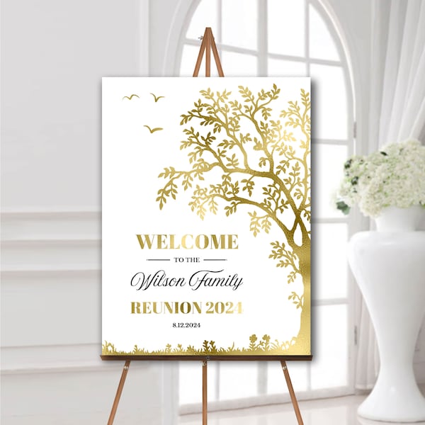 Family reunion welcome sign for easel, Family gathering 2024, Foam board, Printed poster, Printable digital download, Decorations gold