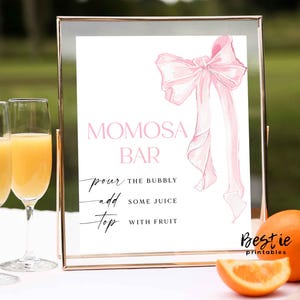 Momosa Zeichen, Mimosa Zeichen für Babyparty, Sekt Bar Zeichen, rosa Schleife zum Ausdrucken, Coquette Thema, Baby bestreuen, Geburtstag