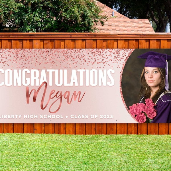 Rose gold graduation banner 2023 decorations Backdrop with picture Back drop with photo Congratulations sign personalized gifts for her