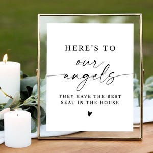 Letrero imprimible con "En memoria amorosa", Letrero conmemorativo de boda, Aquí está para nuestros ángeles, Tienen el mejor asiento de la casa, Minimalista, Moderno