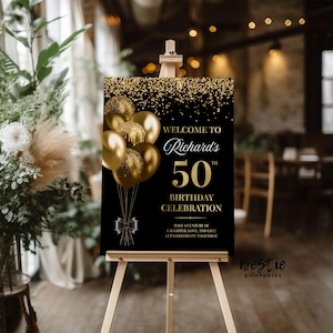 50th birthday sign for easel, Any age birthday celebration welcome sign, Birthday party decorations black and gold, Elegant, Gold balloons