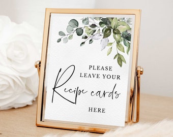 Greenery bridal shower recipe card sign printable Leave recipe cards here Place recipe cards here Sage green bridal shower sign download