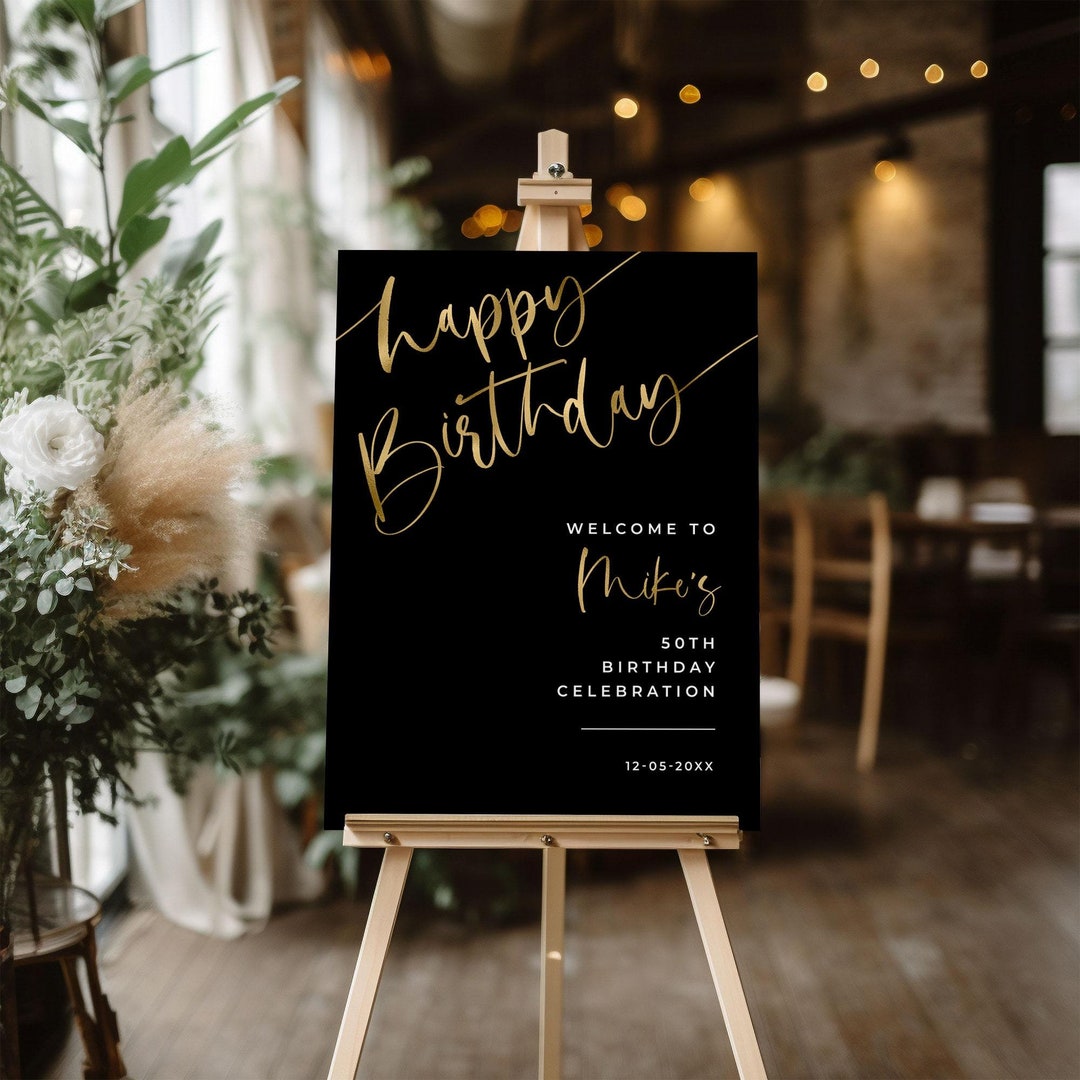 Happy Birthday Welcome Sign, Black and Gold Party Decorations, 40th ...