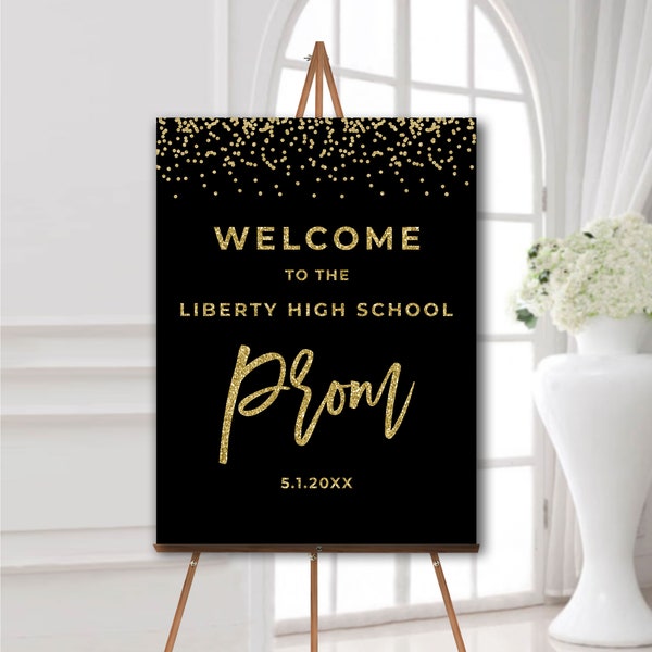 Prom welcome sign, Junior and senior prom poster, Backyard prom decorations black and gold, Foam board for easel, School dance, 2024