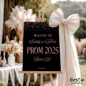 Letrero de despedida de graduación, póster de despedida de graduación, letrero de bienvenida, decoraciones de graduación en el patio trasero en negro y oro rosa, tablero de espuma para caballete