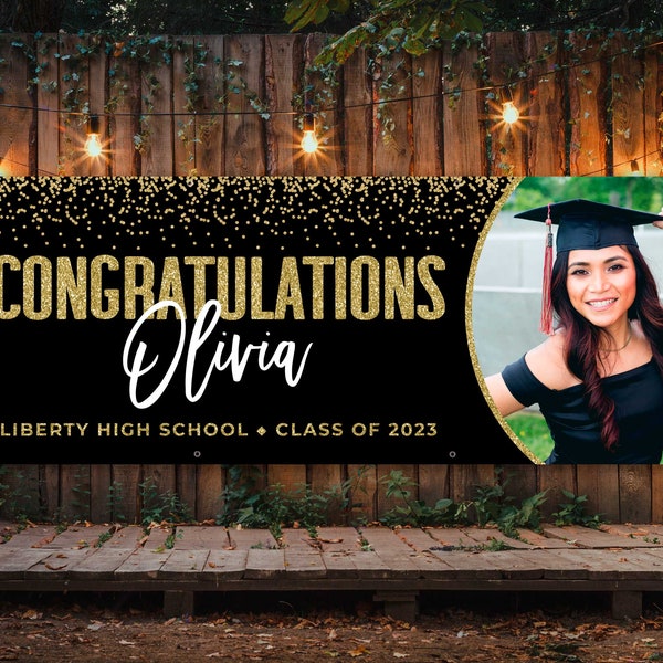 Graduation banner 2024, Grad decorations black and gold, Backdrop with picture, Back drop with photo, Congratulations sign personalized