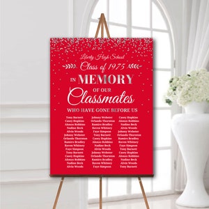 Reunion Gedenkschild rot und silber mit Namen In Memory Zeichen für Wiedervereinigung Memory Board personalisiert In Erinnerung an Klassenkameraden Poster gedruckt