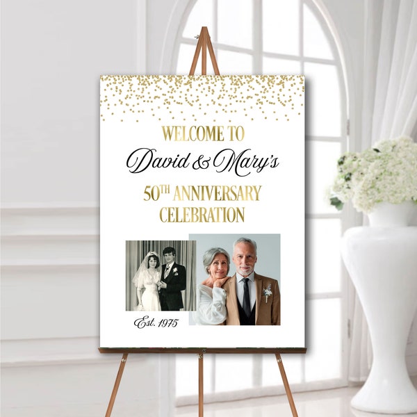 Now and then Wedding anniversary welcome sign with 2 photos printed and shipped 50th anniversary welcome board with picture Gold glitter