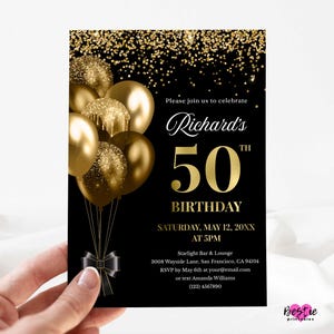 Elegant Black & Gold Birthday Party Invitation, 50th or Any Age (Digital or Printed)