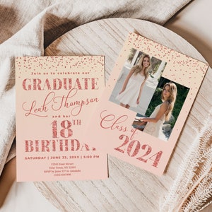 Rose gold graduation and 18th birthday invitation, Graduation and birthday invite with pictures, Combined party, Printed with envelopes