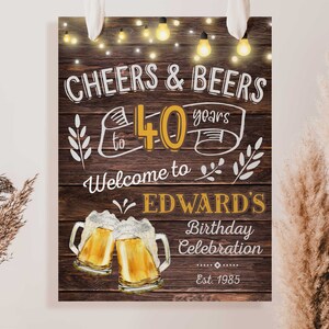 May include: A rustic wooden sign with string lights, celebrating a 40th birthday with the text "Cheers & Beers to 40 years. Welcome to Edward's Birthday Celebration. Est. 1985". The sign features two illustrations of beer mugs.