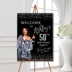 50th Birthday welcome sign with photo, Birthday party decorations black and silver, Custom foam board poster, Personalized