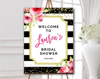 Bridal shower welcome sign pink flowers Bridal shower welcome sign Bridal shower poster Bridal shower party decorations pink and stripes