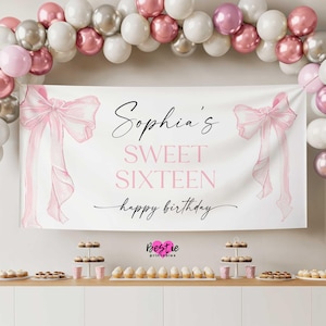Pink Bow Sweet Sixteen Backdrop, Coquette Birthday Party (Vinyl Banner or Digital Download)