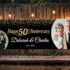 50th anniversary banner with photos, Wedding anniversary decoration idea, Anniversary backdrop with pictures now and then