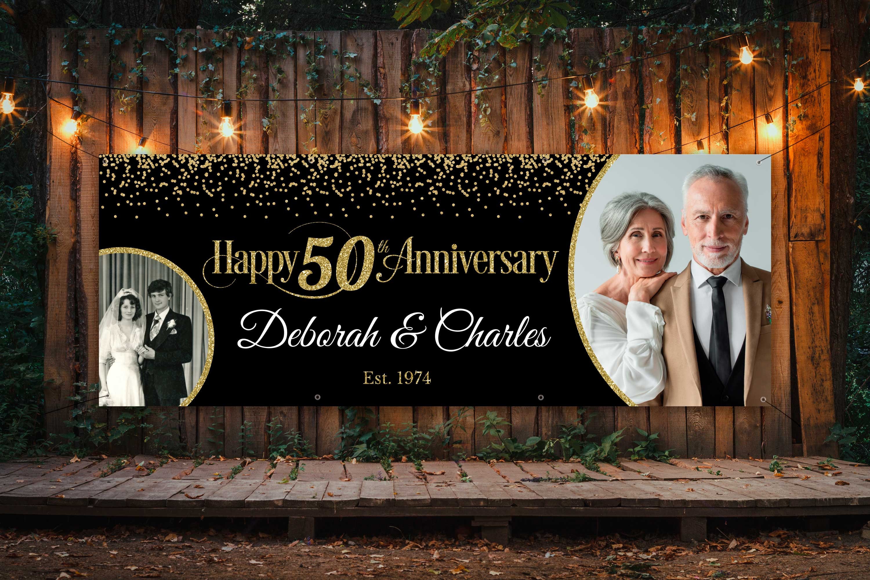 50th anniversary banner with photos, Wedding anniversary decoration idea, Anniversary backdrop with pictures now and then