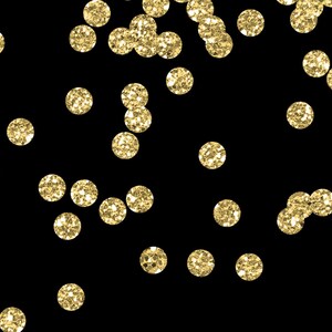 May include: A black background with scattered, sparkling gold glitter circles. The circles vary in size and are densely packed, creating a festive and celebratory visual.