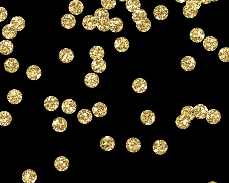 May include: A black background with scattered, sparkling gold glitter circles. The circles vary in size and are densely packed, creating a festive and celebratory visual.