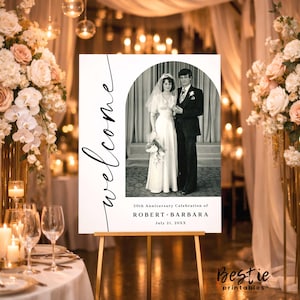 Wedding anniversary welcome sign with photo, 50th Anniversary celebration, Poster with picture, Decorations, Personalized, Custom, Modern