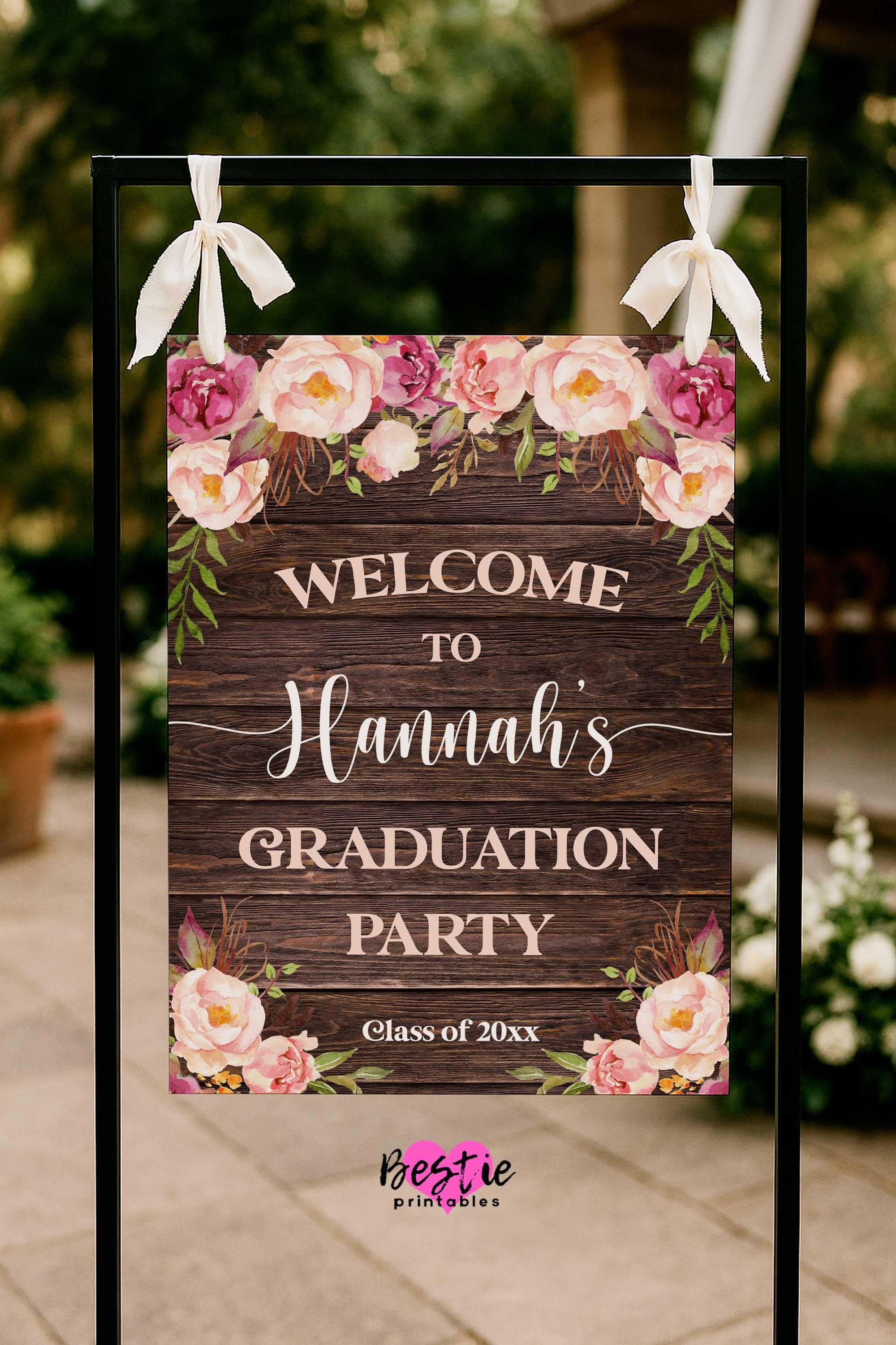 Floral Graduation Party Sign, Rustic Wood Theme, Pink Flowers (foam ...