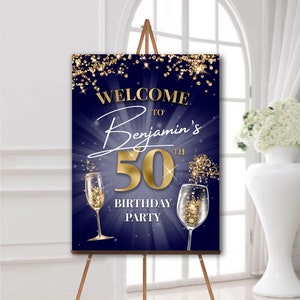50th birthday party welcome sign navy and gold Any age 40th birthday welcome board 55th birthday party decorations for man or for woman