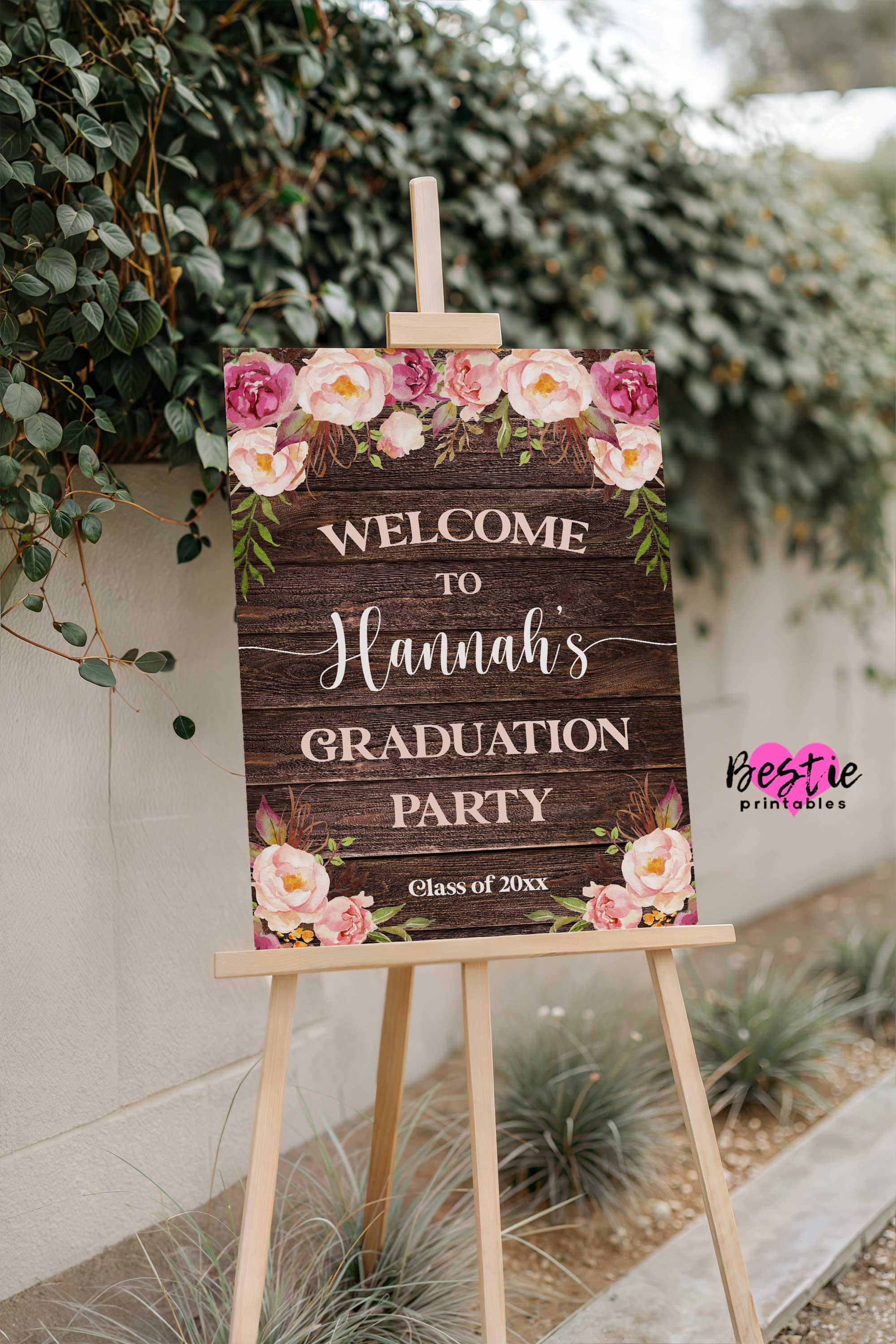 Floral Graduation Party Sign, Rustic Wood Theme, Pink Flowers (foam ...