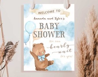 We can bearly wait baby shower sign Teddy bear tema baby shower cartel de bienvenida azul Baby shower decoraciones teddy bear boy