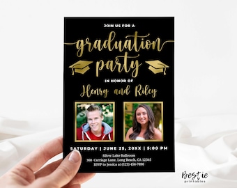 Graduation party invitation siblings, Graduation invitations with photos, Double graduation invite for twins, Joint graduation with pictures