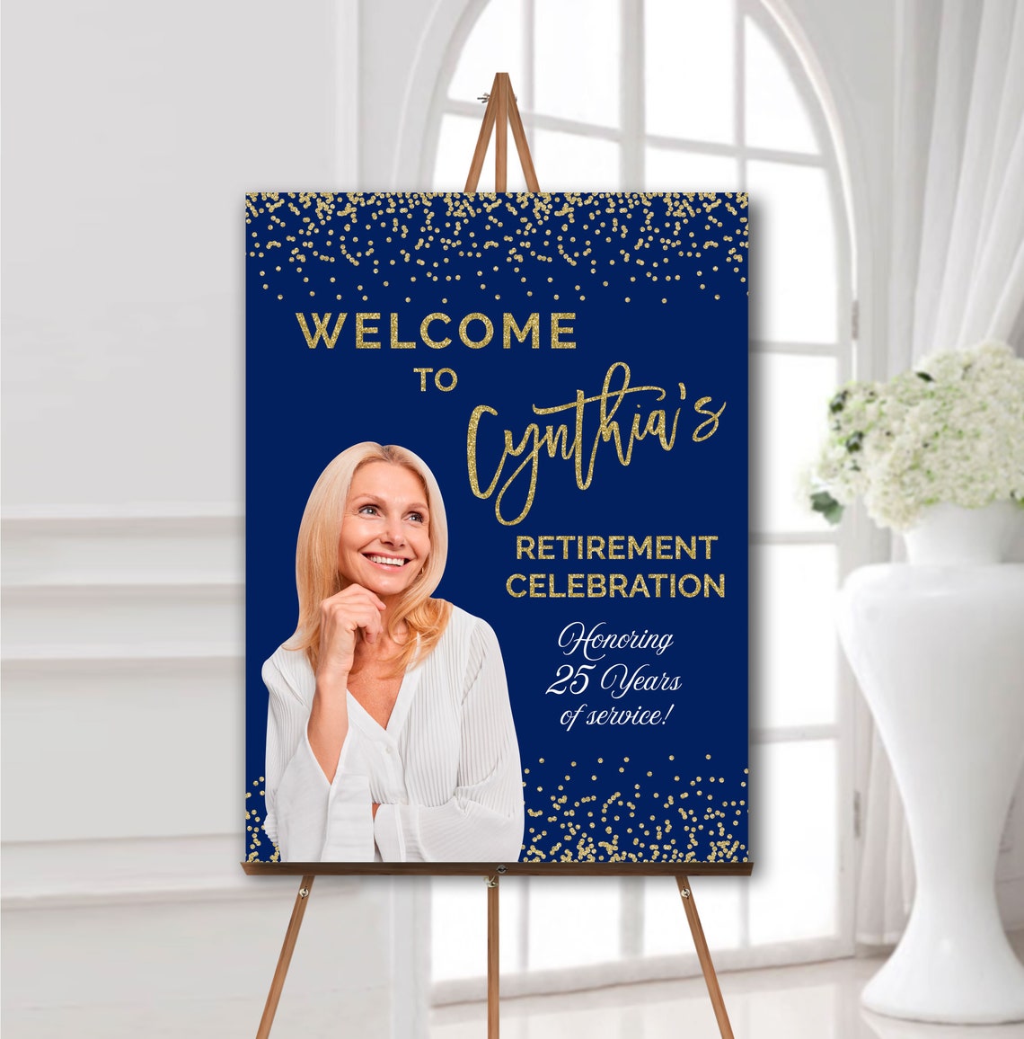 Retirement Party Welcome Sign With Photo, Navy Blue and Gold ...