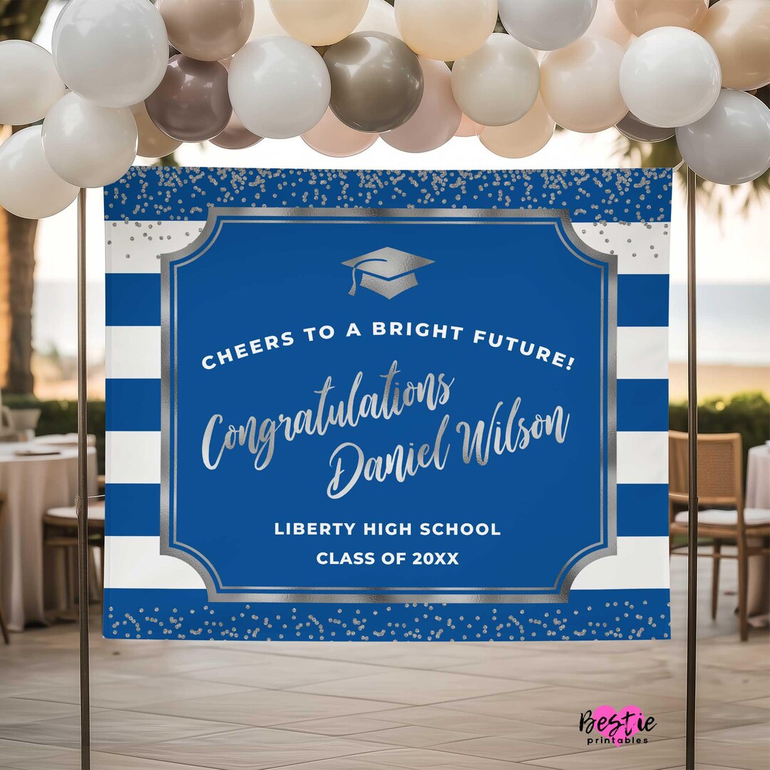 Graduation Rivan Blue Blue Graduation Backdrop, Royal Blue and Silver Decoration (vinyl ...