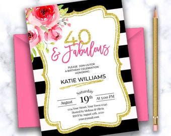 40th birthday invitation for women 40th birthday invitations for women adult black white pink gold DIGITAL FILE