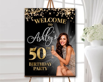 50th birthday welcome sign with photo, Any age birthday poster personalized, Welcome board, Birthday party decorations black and gold