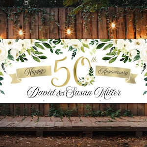 Gelukkige 50e huwelijksverjaardag vinylbanner Elk jaar jubileumdecoratie groen en goud Gedrukt of digitaal bord gepersonaliseerd